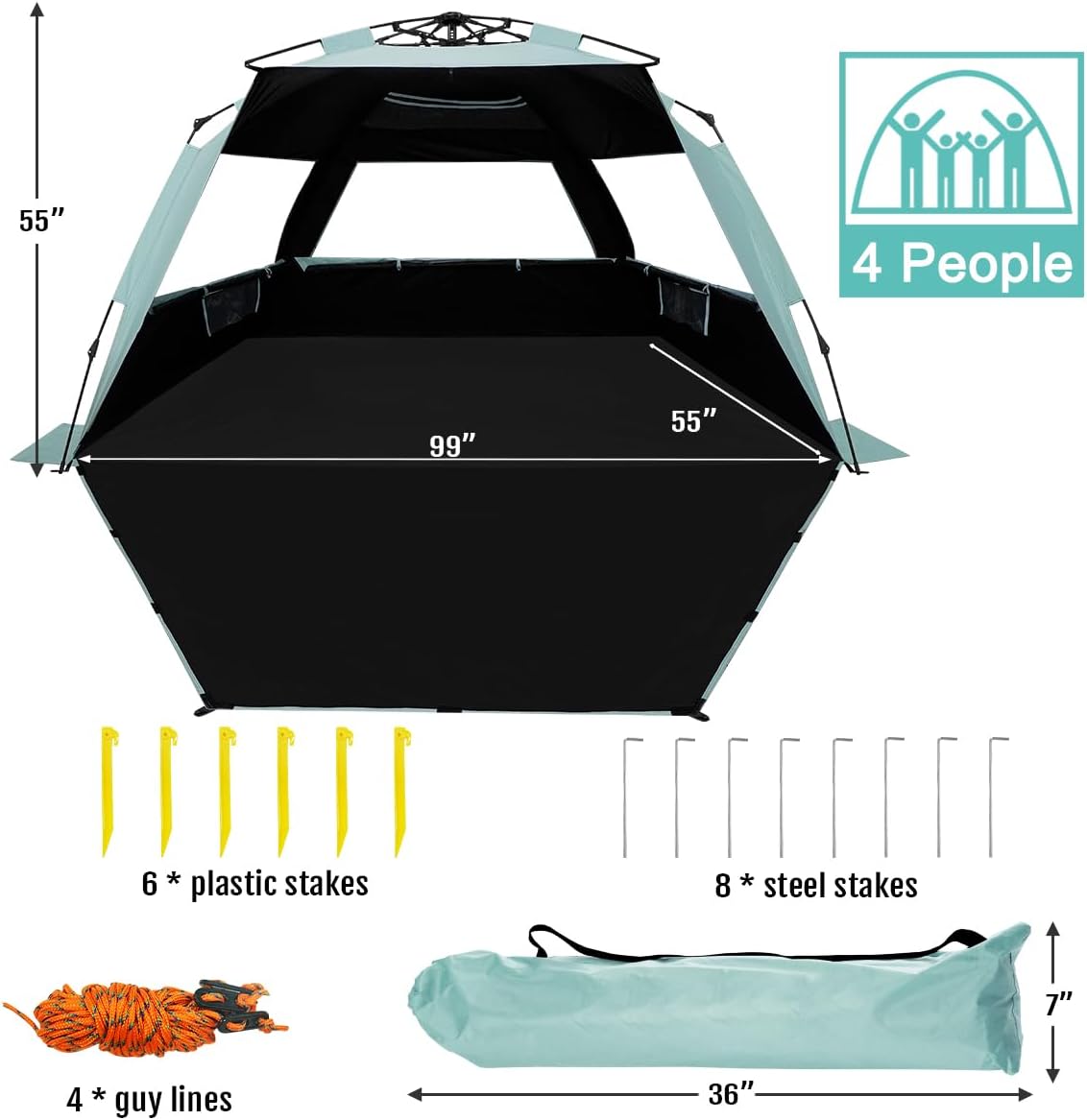 WhiteFang Deluxe Beach Tent - UV Protection Sun Shade Shelter for 3-6 People | Extendable Floor & Ventilating Windows