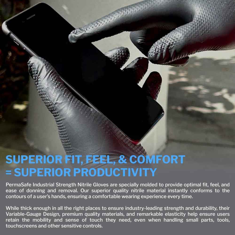 PermaSafe HD Black Disposable Nitrile Industrial Gloves, 6+ Mil, Latex-Free, Raised Textured, Mechanics, Medical, Food, More (Color - Black, 100 Count,XXL)