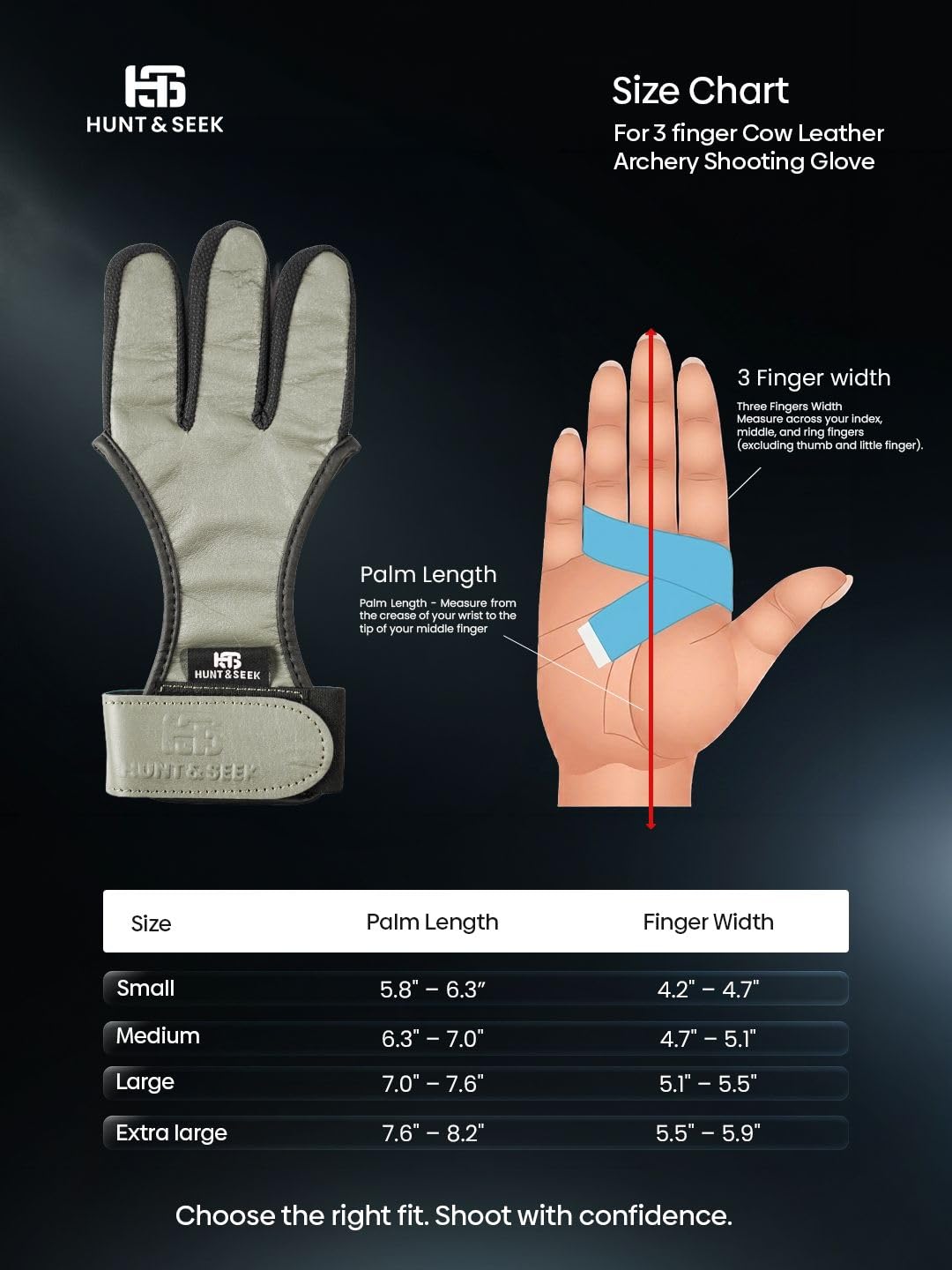 Hunt & Seek Cow Leather Thick Three Finger Archery Shooting Glove for Recurve & Compound Bow – Finger Tab Accessory (Black, Medium)