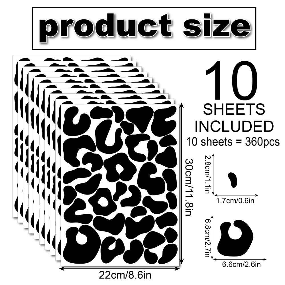 Qaxrocyn 360 Pcs Self-Adhesive Black Leopard Print Wall Stickers - 10 Sheets Removable Waterproof Vinyl Wall Decals for Kids Room, Nursery, Playroom, Home, Office, Studio Decor (Black)