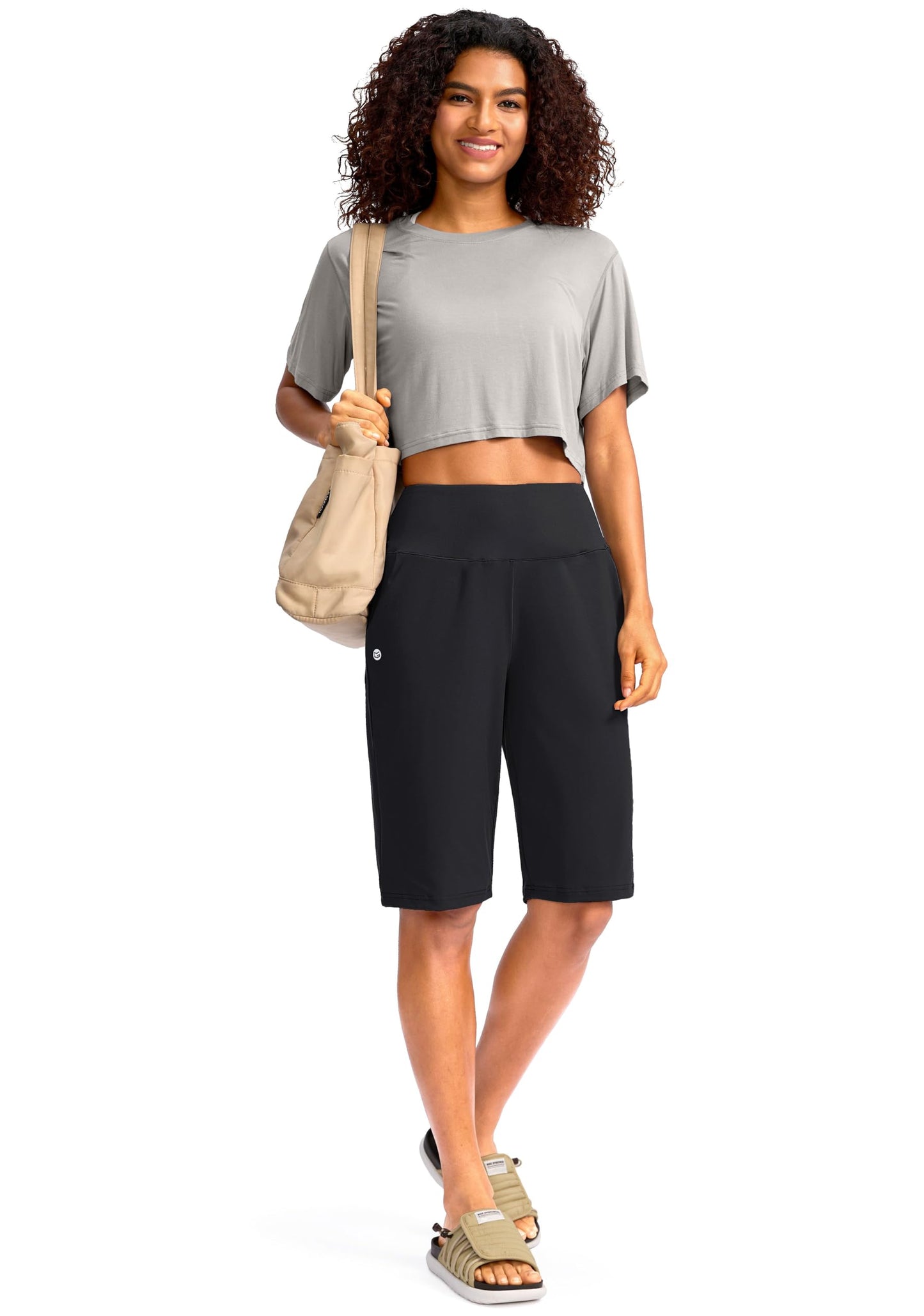 G Gradual Women's 12" Bermuda Long Shorts with Pockets High Waisted Stretch Knee Length Shorts for Women Summer Walking(Black,L)