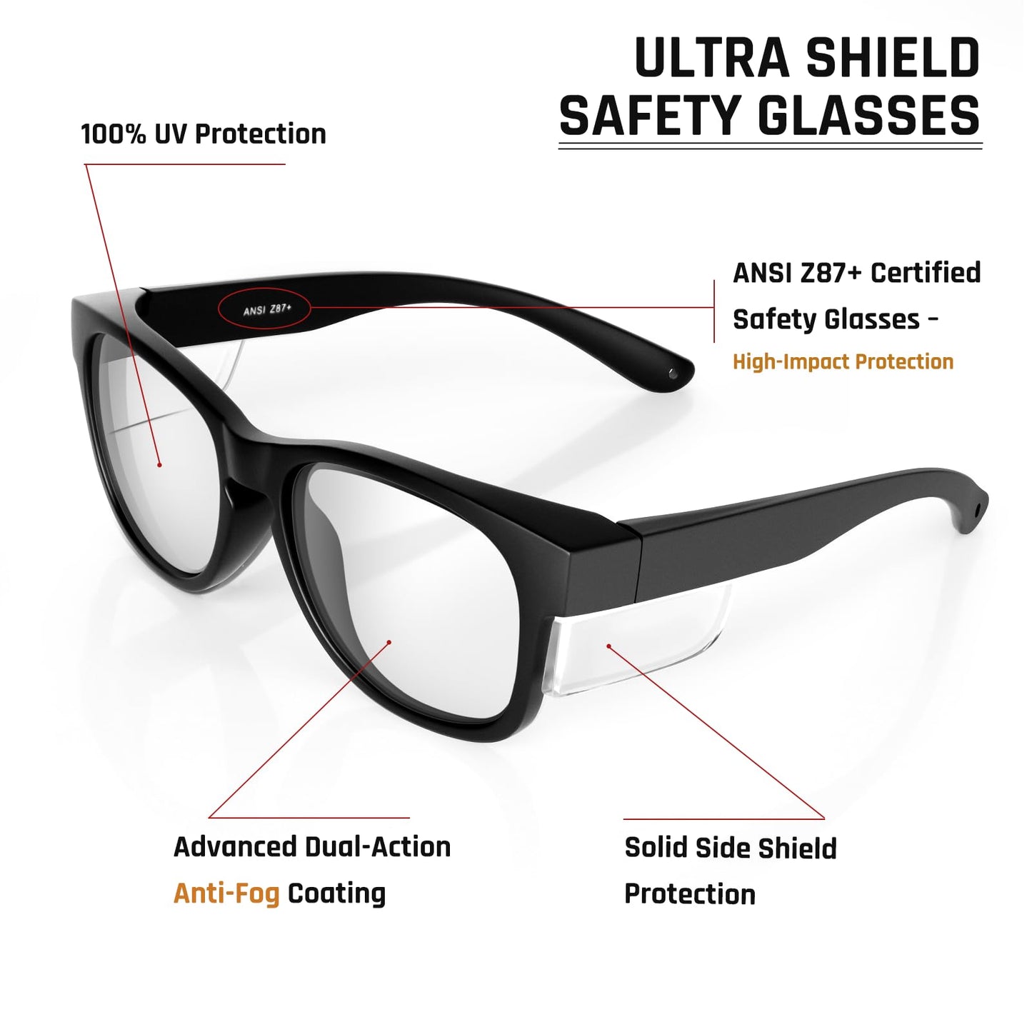 Safety Glasses with Side Shields - 3 optional Lenses (Clear, Tinted, Polarized) - ANSI Z87.1 Certified Protective Eyewear for Work & Outdoor Activities (Clear)