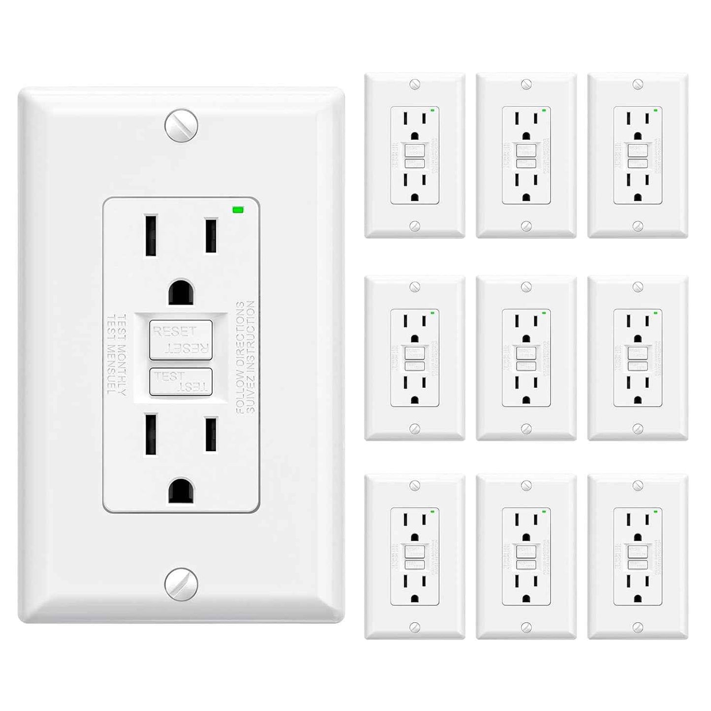 GFCI Outlet 15 Amp - Self-Test Electrical Receptacle with LED Indicator, 10 Pack