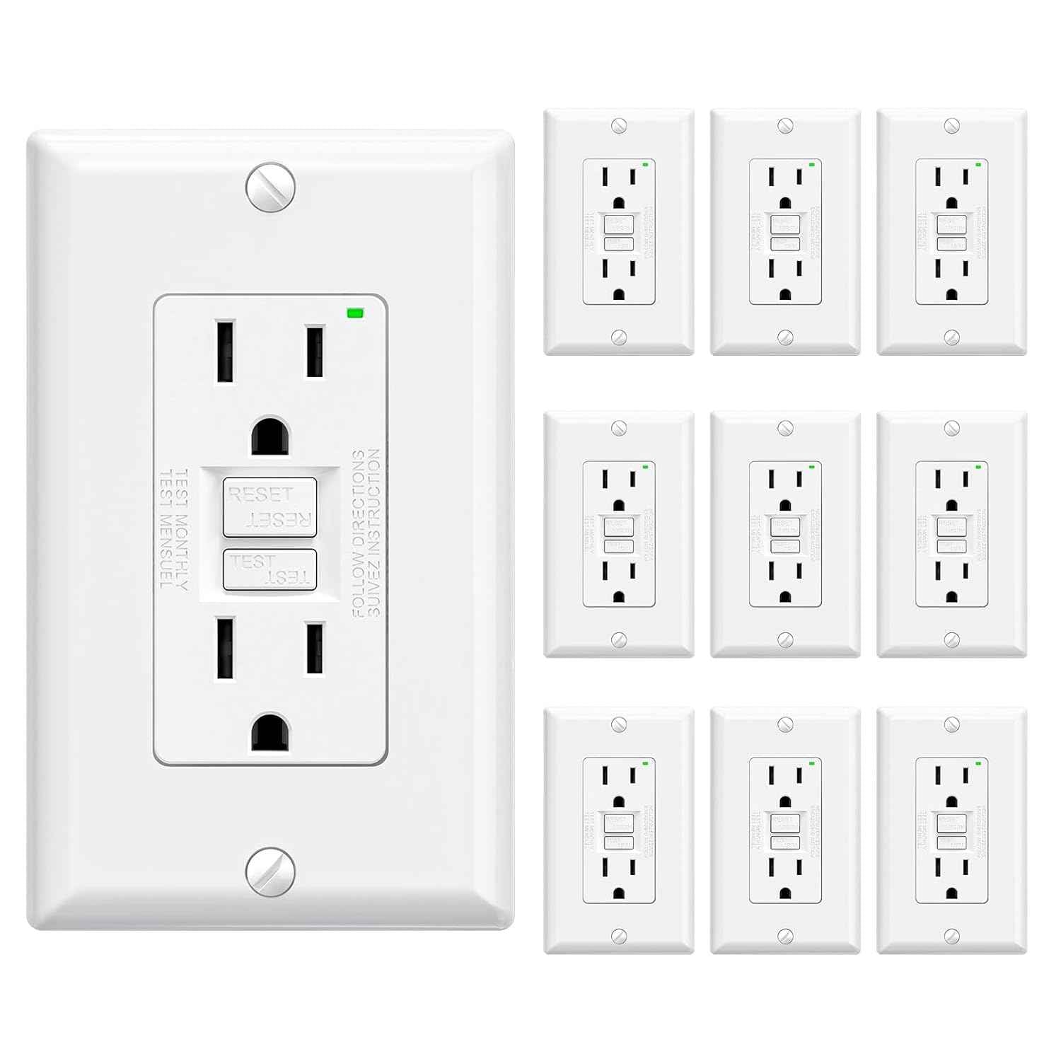 GFCI Outlet 15 Amp - Self-Test Electrical Receptacle with LED Indicator, 10 Pack