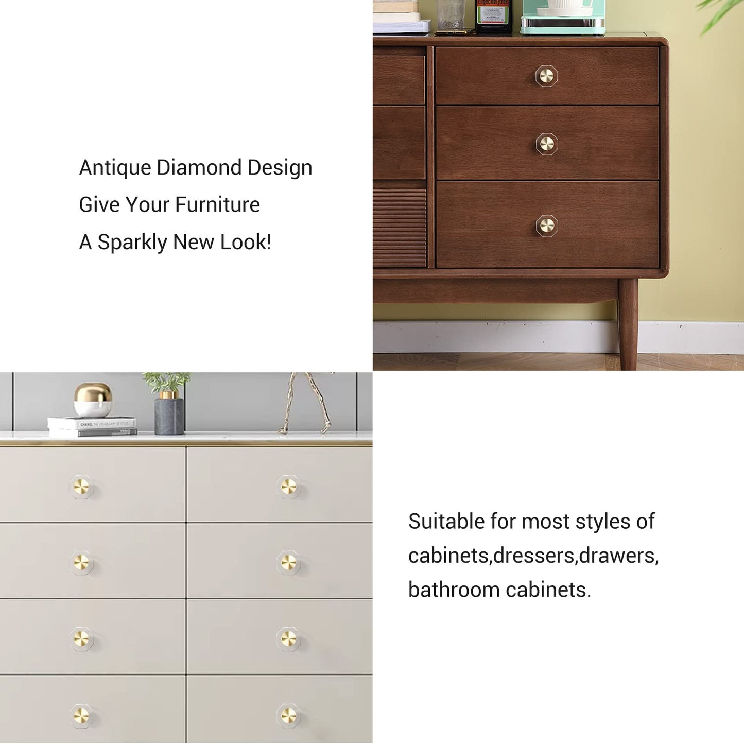 Guank 2-Pack 1-1/4-Inch Gold knob Dresser knobs White Cabinet Glass Crystal knobs Brass Drawer Polygonal Dresser Pulls, Drawer pulls