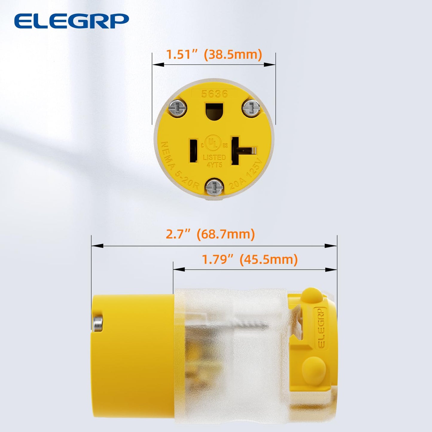 ELEGRP Lighted 20 Amp 125 Volt NEMA 5-20R 2 Pole 3 Wire Grounding Straight Blade Electrical Plug Replacement Cord Outlet Commercial Grade, Yellow, 1 Pack