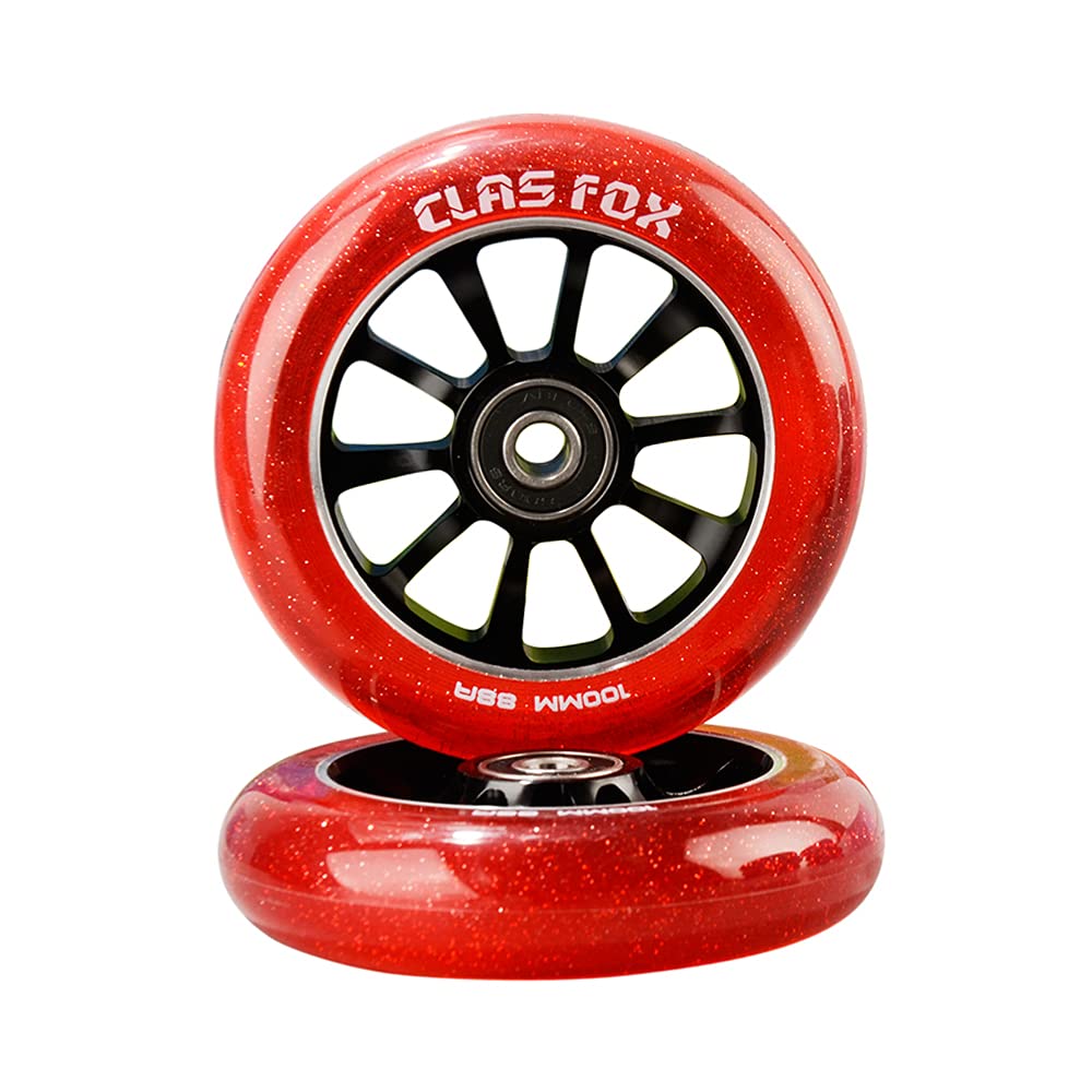 CLAS FOX Pro Scooter Wheels 100mm Transparent Sparkle PU with ABEC-9 Bearings CNC Metal Core (2pcs) (Red)