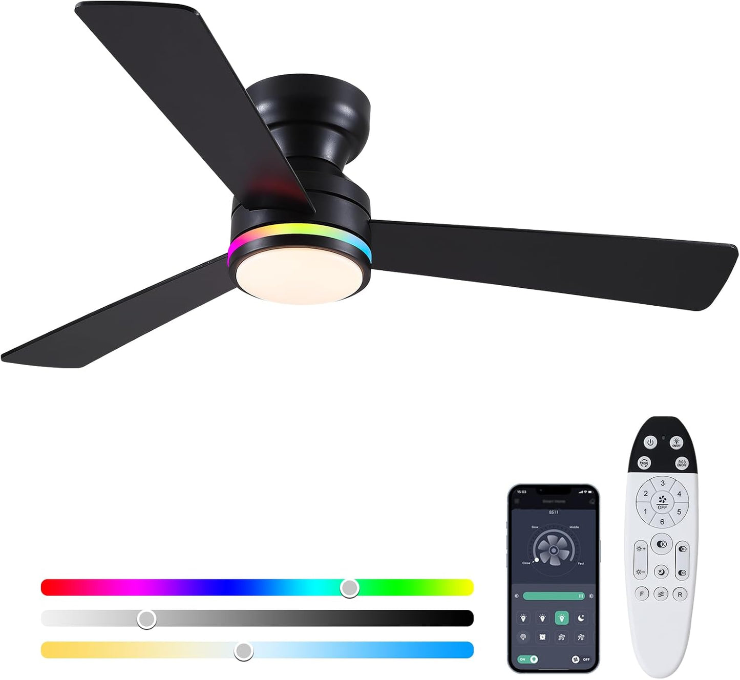 46” Black Low Profile Ceiling Fan with Lights & Remote Control - Dimmable, Noiseless, Reversible for Bedroom