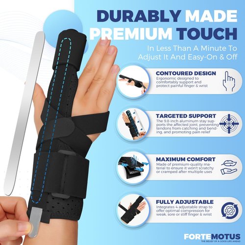 FORTEMOTUS Trigger Finger Splint, Adjustable One or Two Finger Splint Full Hand and Wrist Brace Support, Finger Immobilizer for Sprains, Discomfort Relief, Boxer Fracture Splint Black