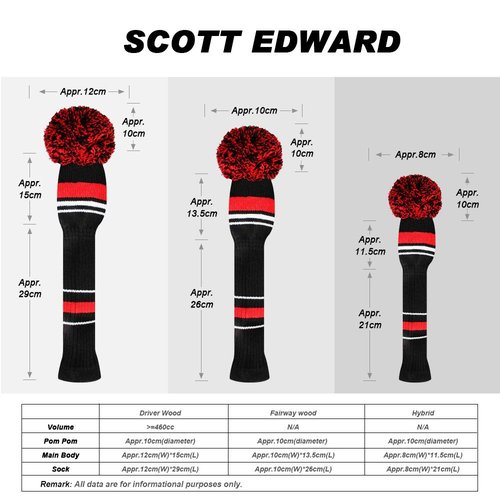 Scott Edward Red Warning Golf Headcover Set of 5, for Driver Woood(460cc), Fairway Wood*2 and Hybrid*2