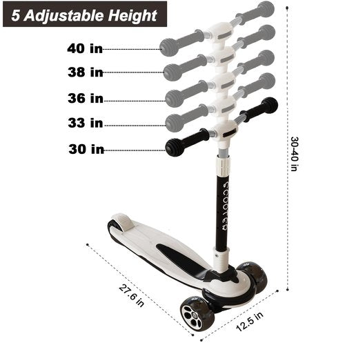 CLrkualn Kick Scooter for Kids Ages 3-12, 5 Adjustable Height Foldable Scooter with 3 LED Light Wheels, Outdoor Activities for Toddlers Boys Girls, Max Load up to 165 lbs (Black and White)