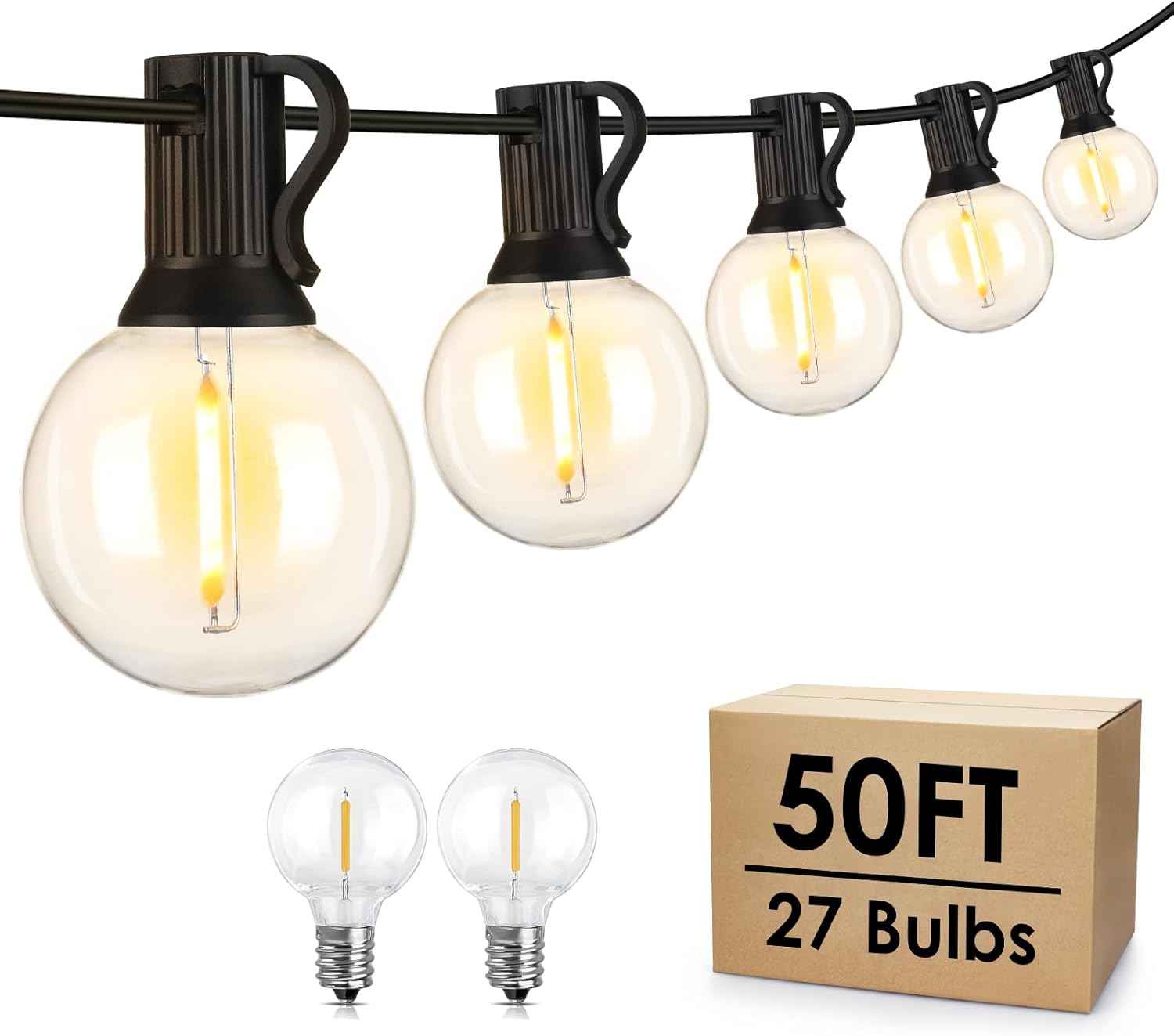 Outdoor String Lights 100FT - G40 Globe Patio Lights with 54 Waterproof LED Bulbs - Black Wire