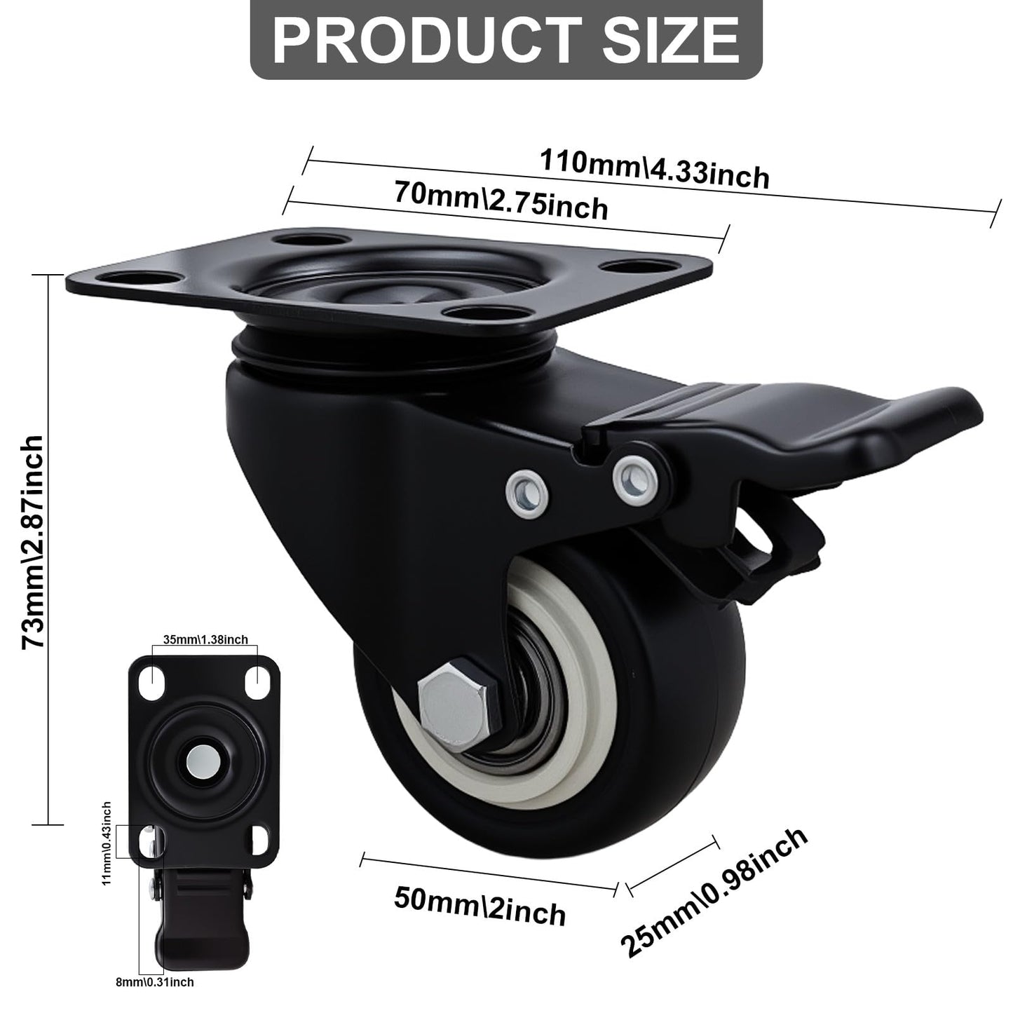 Htudcoue 2 Inch Wheel Casters,Set of 4 Heavy Duty Casters,with Brake,No Noise Locking Polyurethane (PU) Wheels, for Furniture and Workbench Load 800lbs