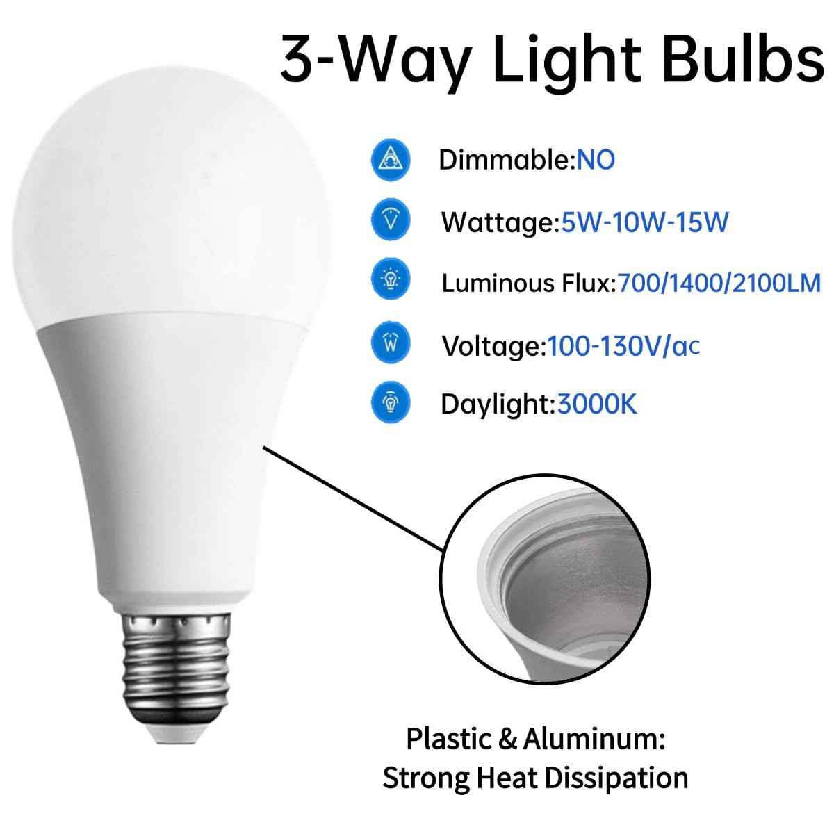 GODUORA 6 Pack 3-Way LED Light Bulb 50W/100W/150W Equivalent, 3000K Soft White, 3-Level Dimmable (Low/Medium/High), E26 Base, A19 15W Energy Saving Bulbs, Flicker-Free, for Table Lamps Floor Lamps