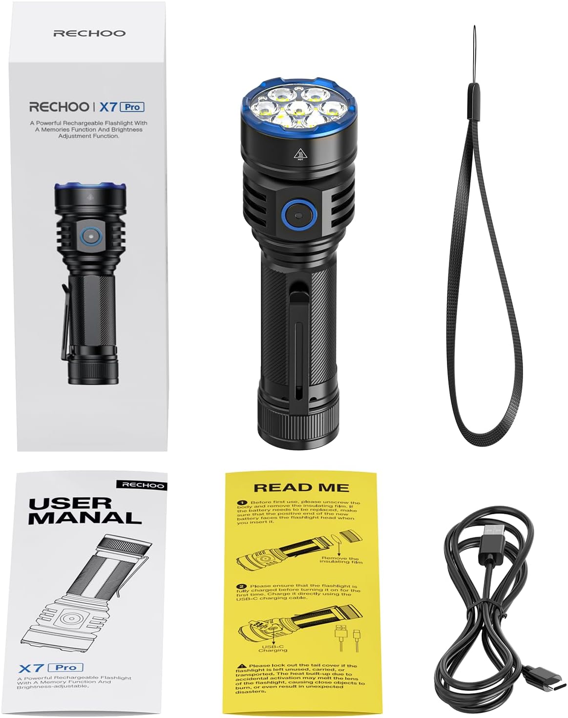 RECHOO Rechargeable Flashlight - Super Bright 7 LED, 3 Lighting Modes, Waterproof | Ideal for Home & Camping