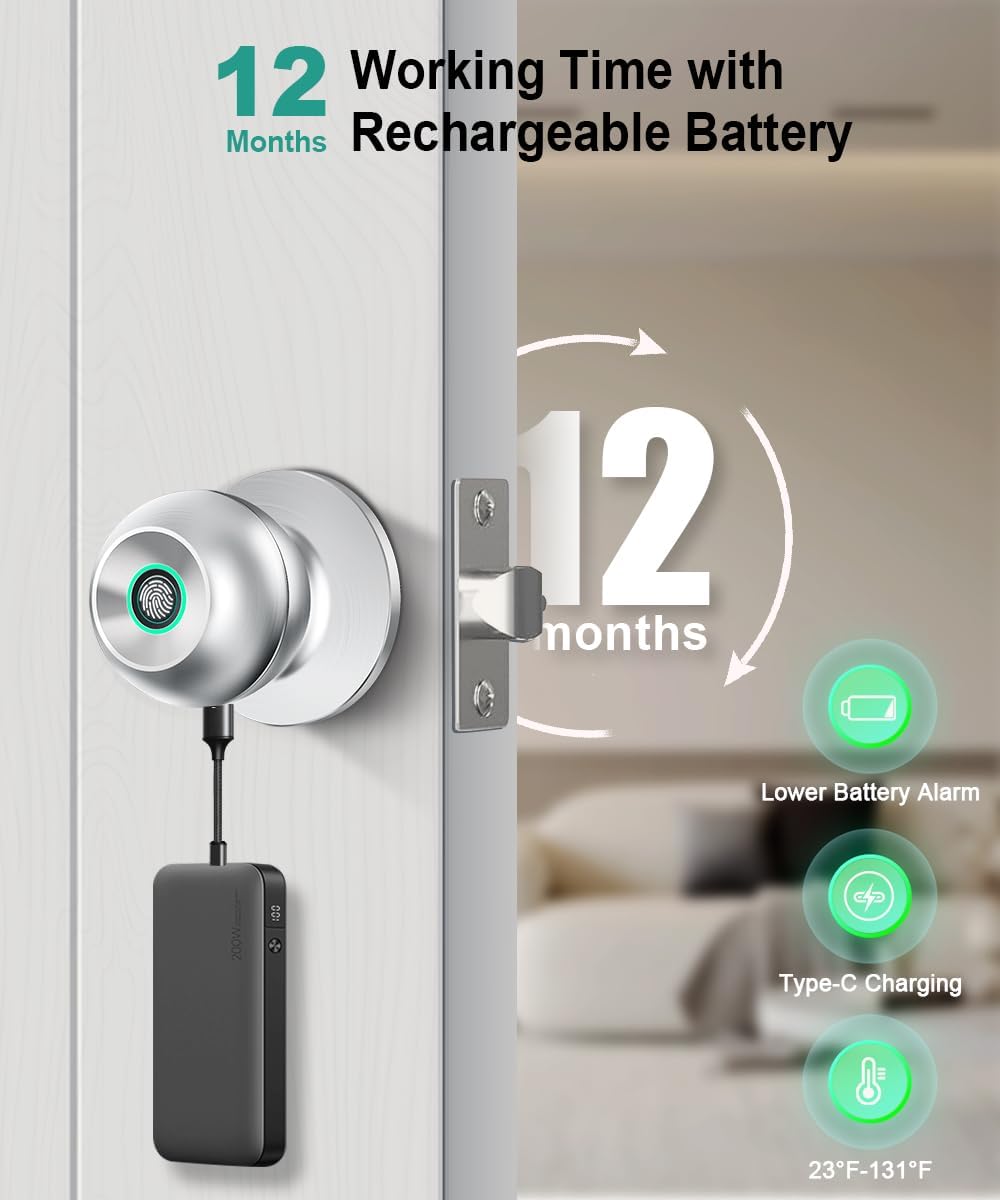 Smart Fingerprint Door Lock - Biometric Keyless Entry Knob with App Control for Home, Office & Garage
