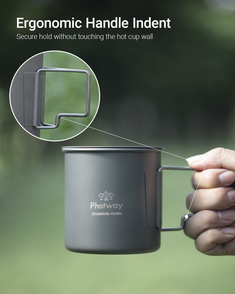 photway Ultralight Titanium Camp Mug with Lid 450ml (15.2oz), Single-Wall Coffee Mug Cup for Backpacking, Camping, Hiking & Open Fire Use