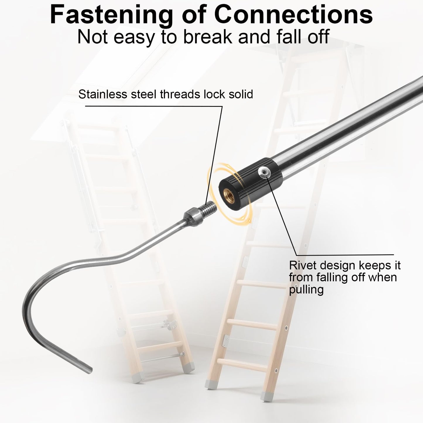 Gzlozak Attic Pull Down Hook, 36" to 64" Attic Ladder Pull Cord Heavy Duty Cord Replacement for Attic Door Awning Pull Rod Garage Doors Stainless Steel with Comfort Sponge Grip Silver