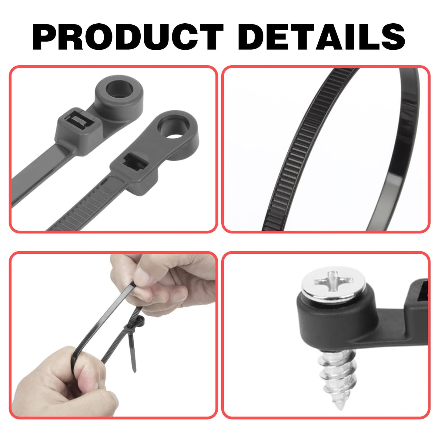 100 PCS Nylon Universal Cable Tie Buckle, Zip Ties With Screw Hole, with 50 PCS Screw Hole 75 lbs Mountable head Cable management Ties for Indoor & Outdoor Use