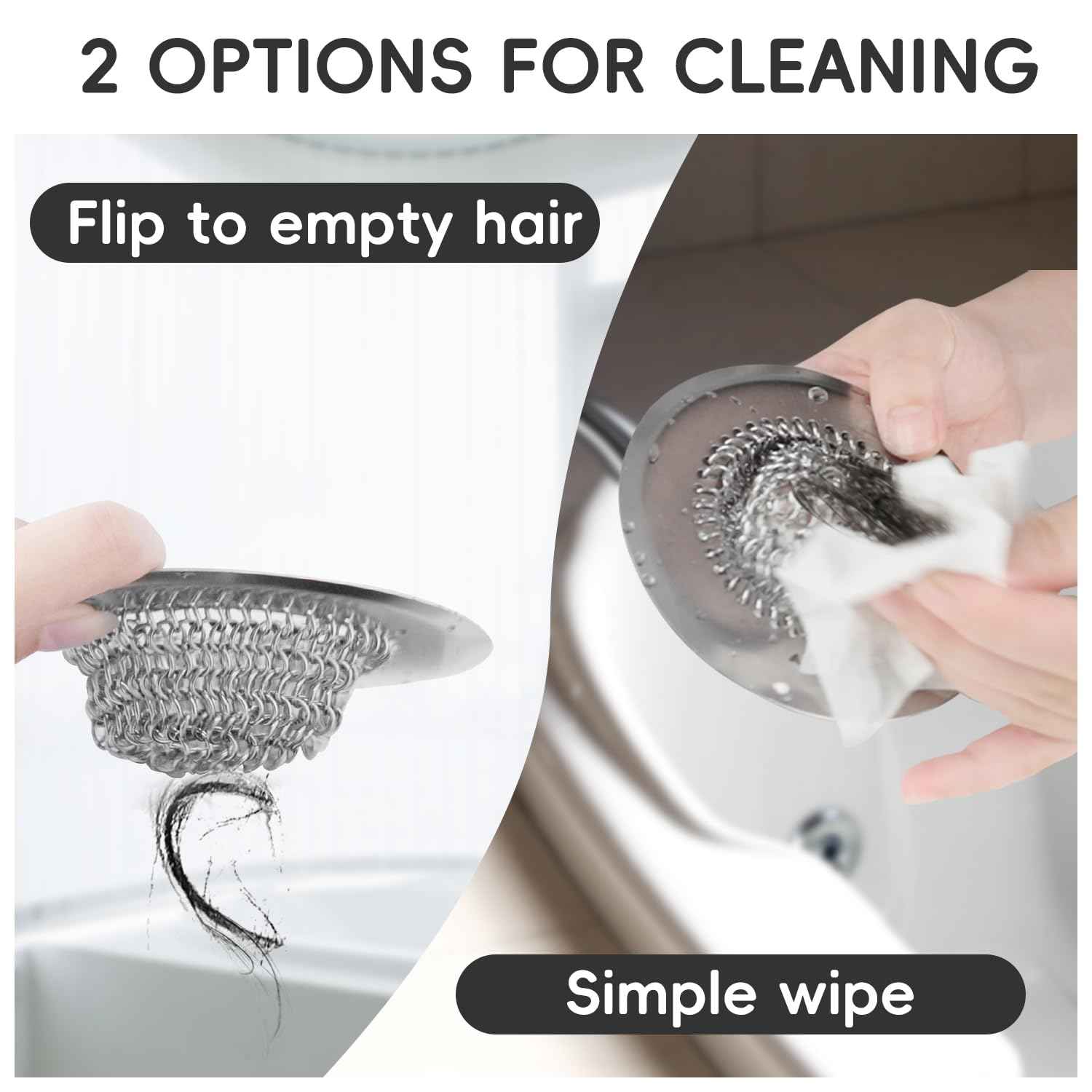 2 Pack Wokdada Bathtub Drain Hair Catcher, Wokdada Fast Drainage Shower Drain Hair Catcher, Reversible 304 Stainless Steel Drain Protector for Pop-Up and Regular Drains of Bathroom(Patented Product)