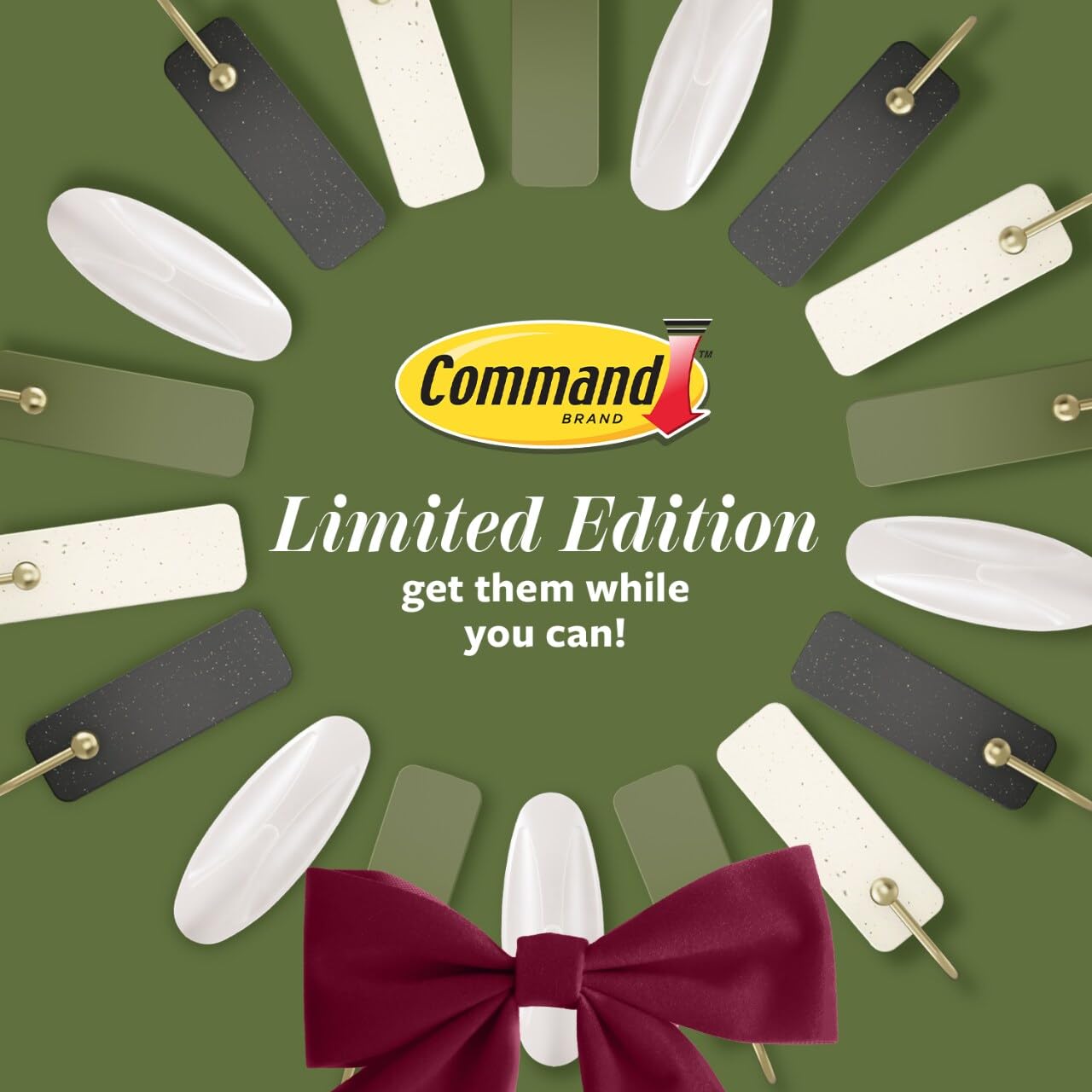 Command Mixed Hooks Pack, 10 Soot, 12 Strips (2 Medium Hooks, 8 Spring Clips), for Hanging Christmas Decorations