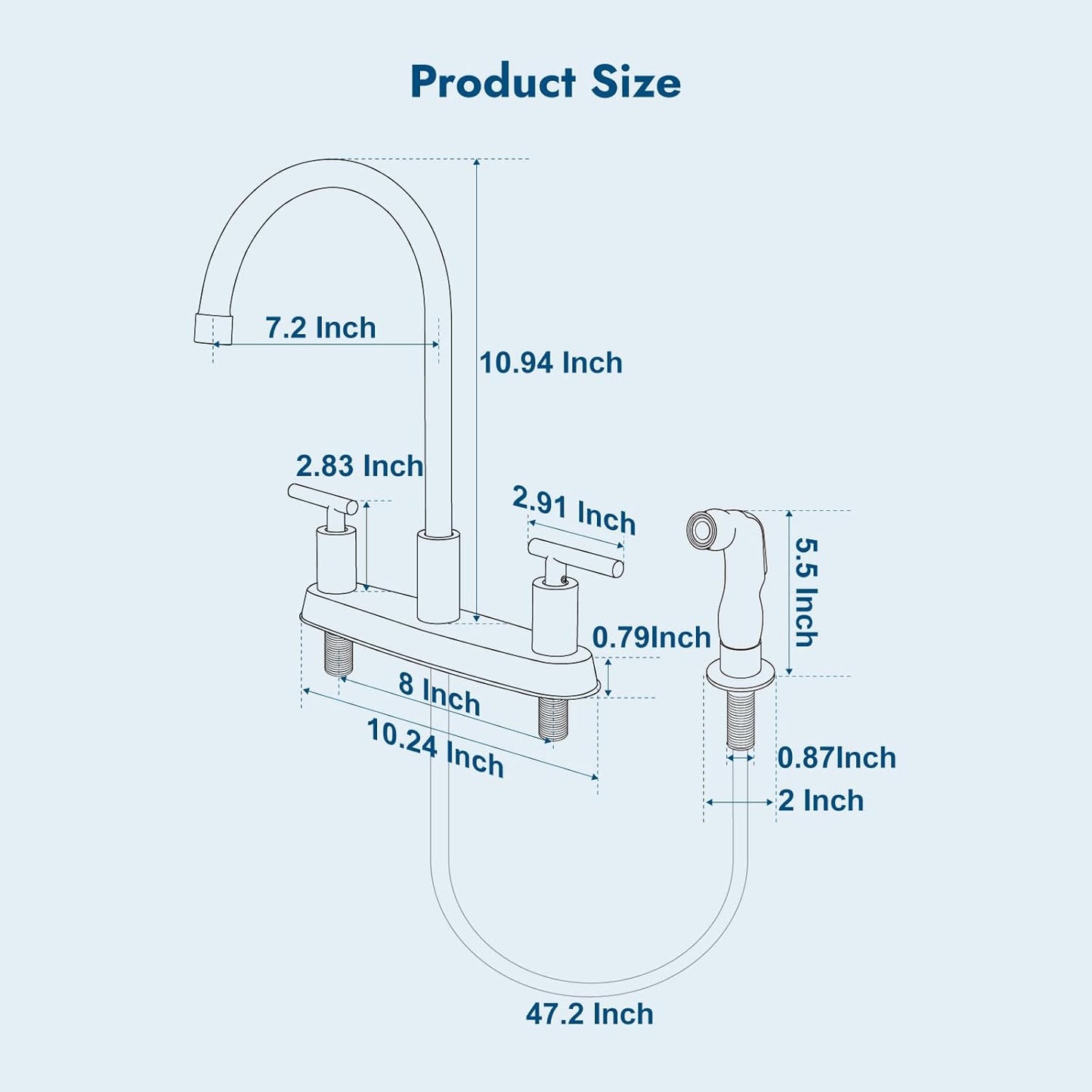 Brushed Nickel Kitchen Faucet with 360° Rotating Spout & Side Sprayer - 2 Handle, 8 Inch Centerset