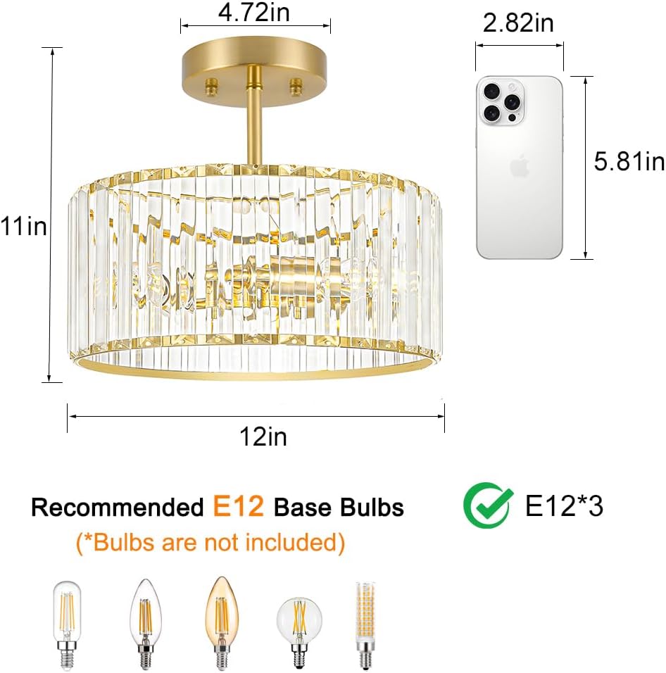 Modern Gold Crystal Ceiling Light Fixture - 11-Inch Semi Flush Mount Chandelier for Kitchen & Entryway