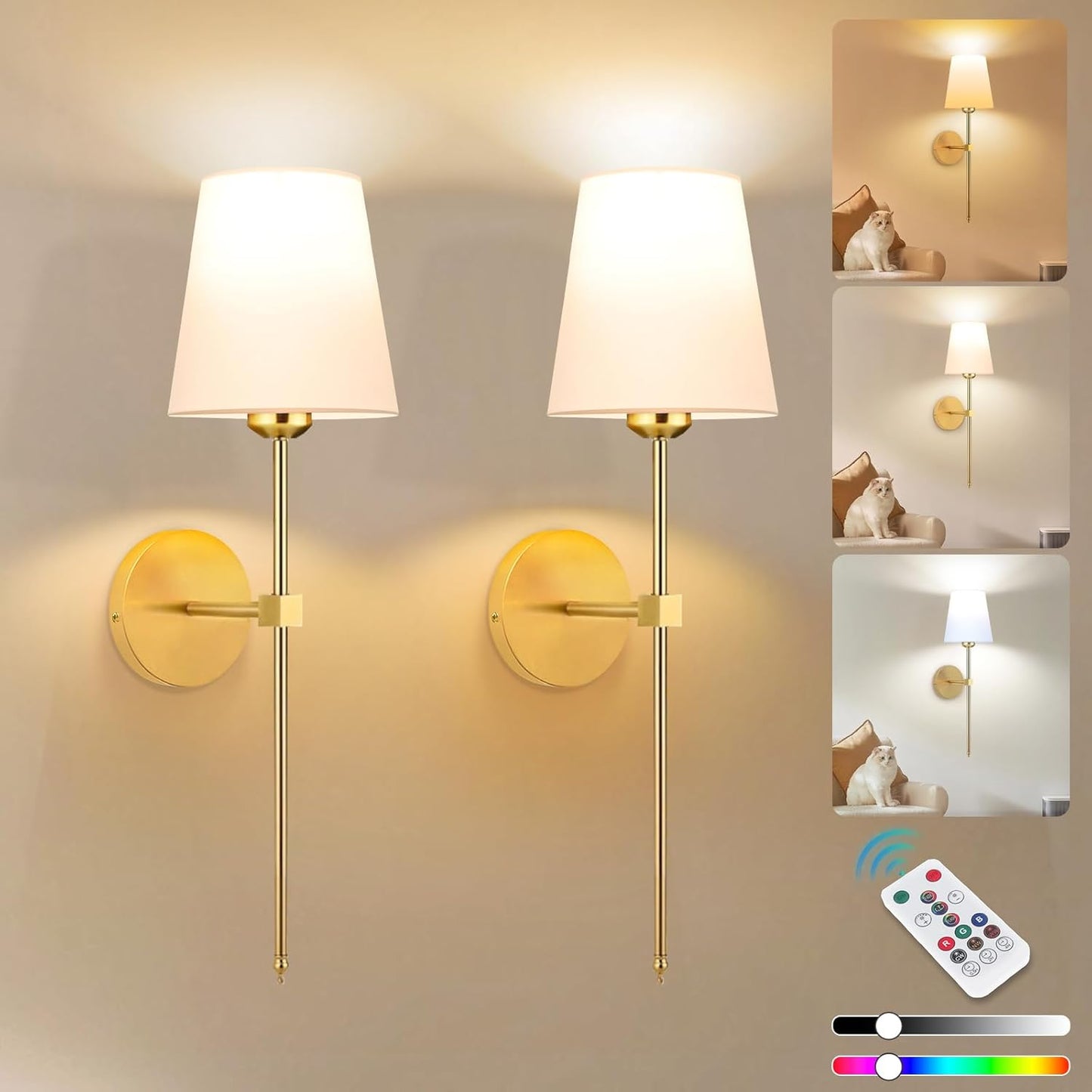 Rechargeable Black Wall Sconce Set of 2 - 5CCT Wireless Dimmable Lights with Remote for Bedroom & Living Room