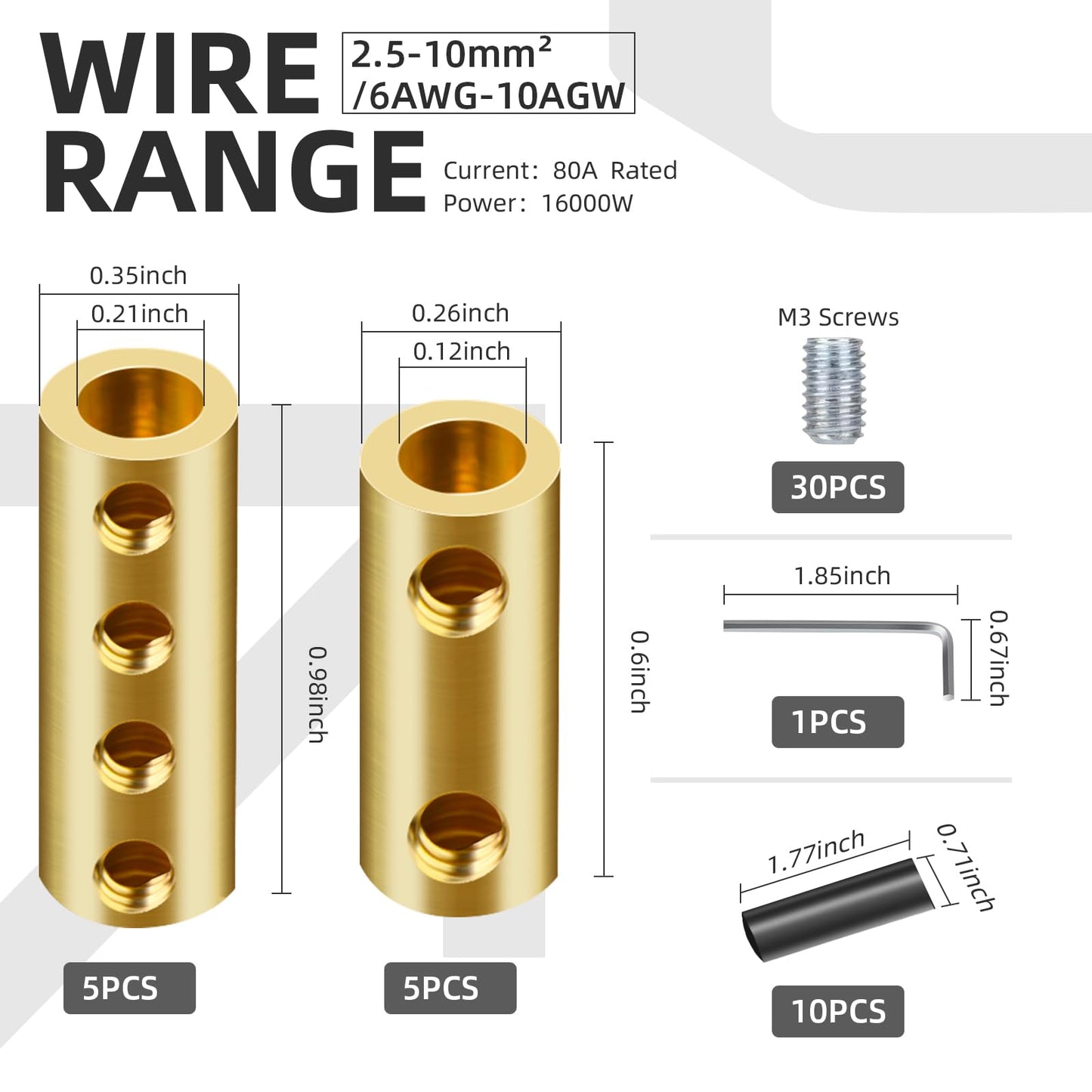 10PCS 6-10AWG 6 8 10 Gauge Wire Connector 2&4-Nut Kit, 80Amp Screw Quick Wiring Connection Terminal, Splicing Quick Wire Connectors, Circuit Wire Butt Bras Connector with Heat Shrink Tube Wrench