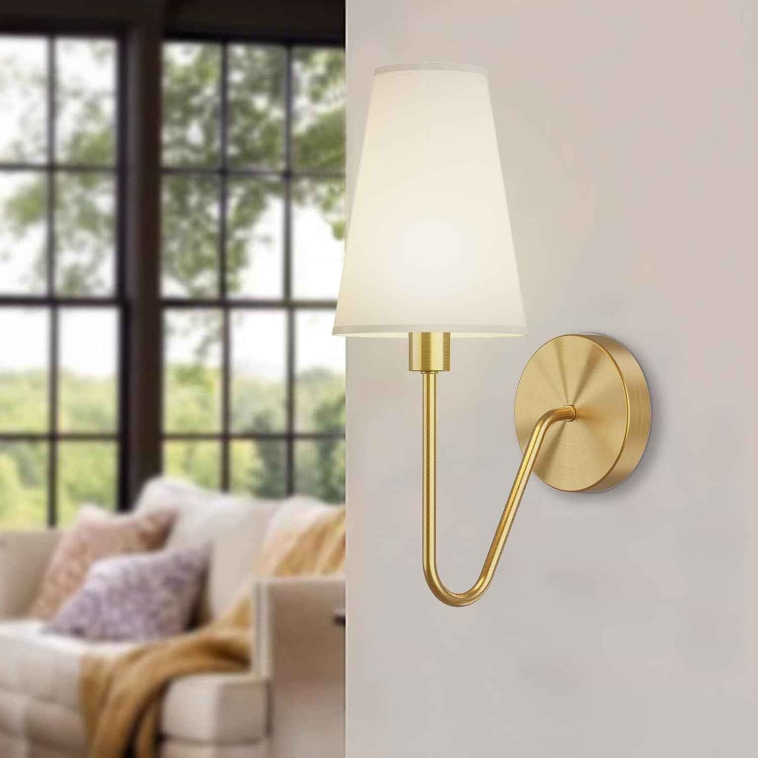 Gold Wall Sconce Lighting Fixture - Set of 2 Classic E12 Hardwired Lamps with Cream Shades