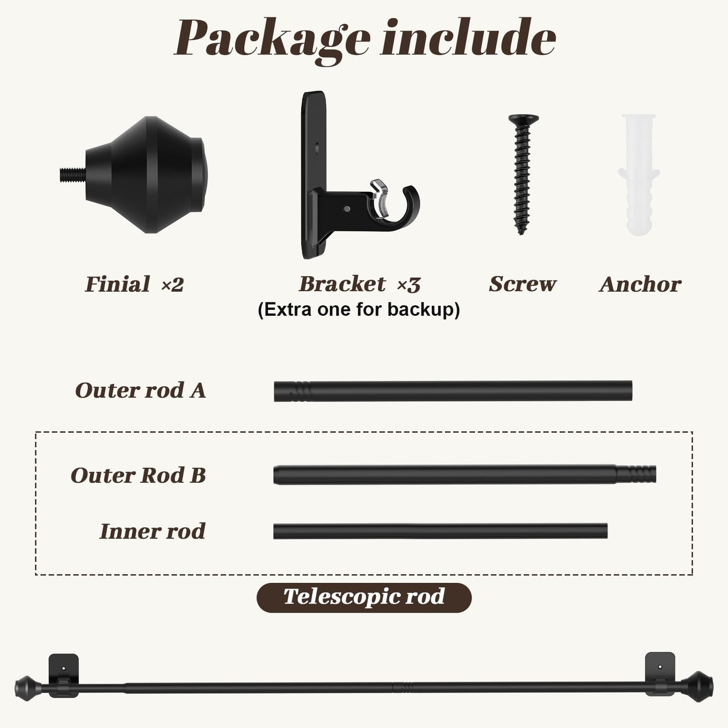 Curtain Rods No Drilling for Windows 36 to 48 Inch, 5/8 Inch Telescoping Adjustable Black Curtain Rod with Adhesive Holders, Renter Friendly for Bedroom Kitchen Apartment(36"-48")