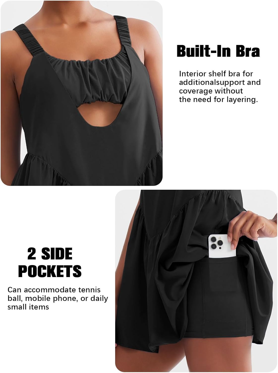 Sexyasasii Tennis Dress for Women - Built-In Shorts & Bra, Casual Backless Design with Pockets