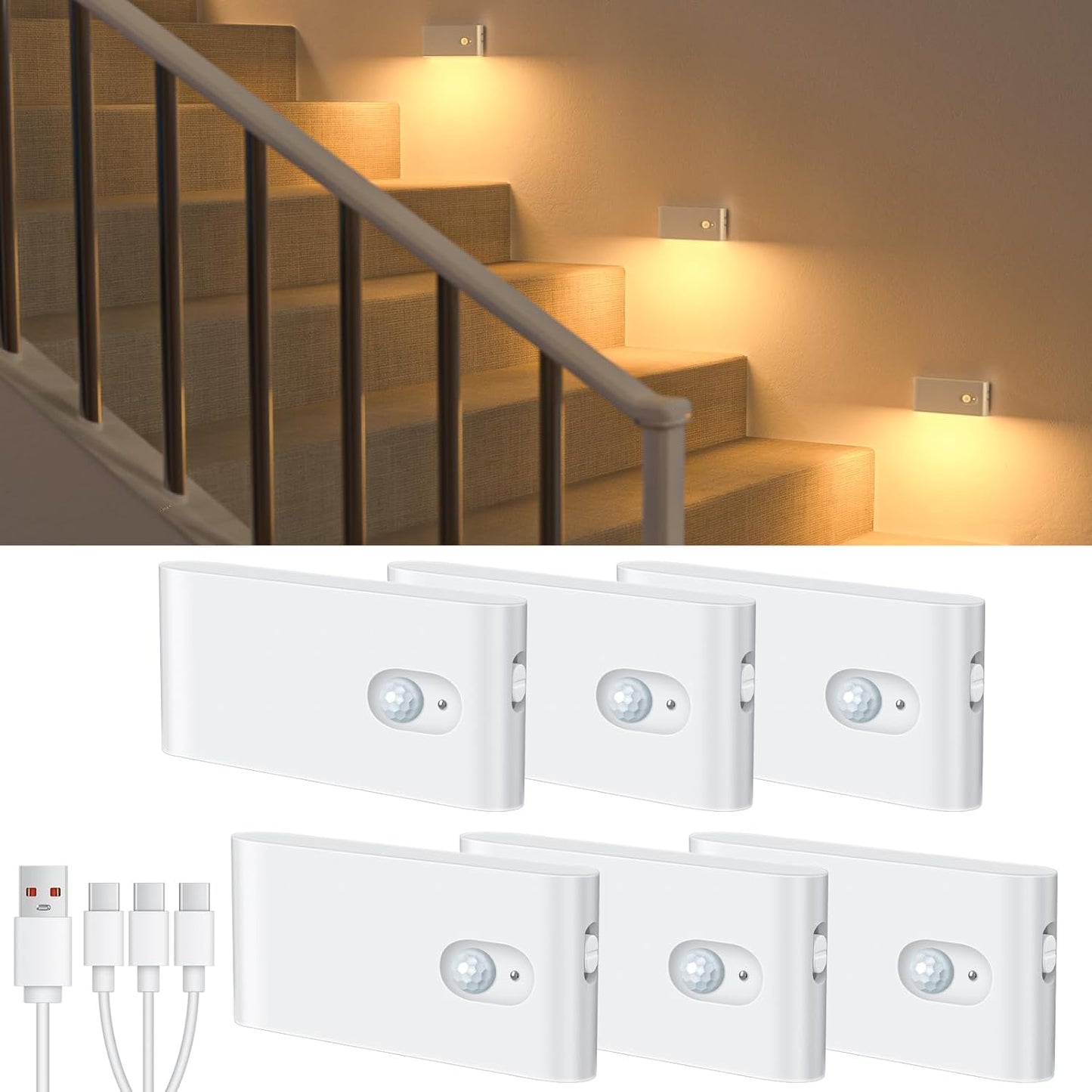 Rechargeable Motion Sensor Night Light - Wireless Battery-Powered LED for Hallway, Stairway & Bathroom - 6 Pack