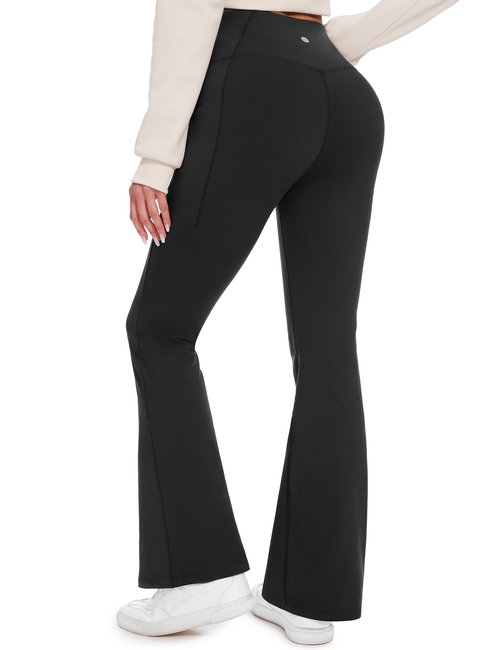 Desol Fleece Lined Hiking Pants Women, Winter Flare Leggings for Women Thermal Warm High Waist Snow Pants with Zipper Pockets for Outdoor Sports Black