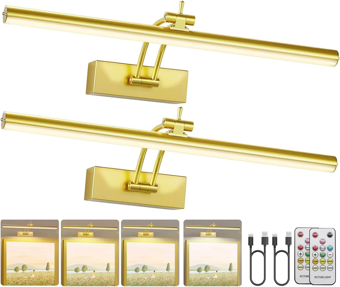 Wireless Battery Operated Picture Lights - 2 Pack, 16 Inch Dimmable Art Lighting with Remote, 6 Color Options - Perfect for Paintings and Gallery Displays