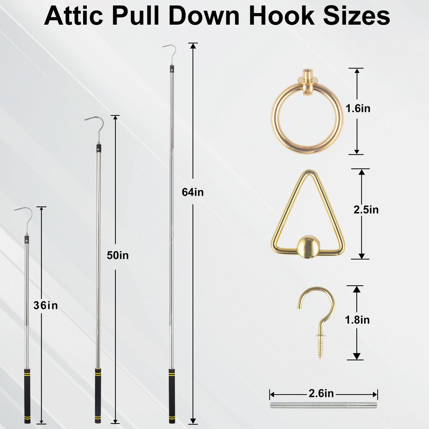 Gzlozak Attic Pull Down Hook, 36" to 64" Attic Ladder Pull Cord Heavy Duty Cord Replacement for Attic Door Awning Pull Rod Garage Doors Stainless Steel with Comfort Sponge Grip Silver