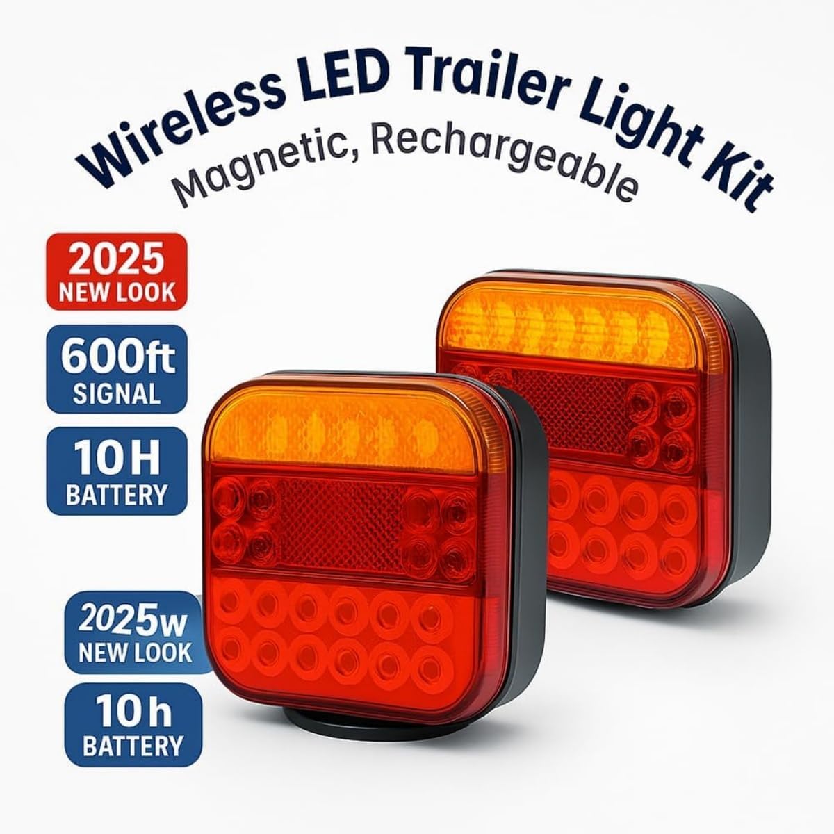 2025 Wireless Trailer Lights Kit, Magnetic Wireless Tail Lights Kit For Trailer, Wireless Tail Lights,Rechargeable Towing Light Kit With Powerful Suction Base For Trucks, Boat, Rv, Vehicle (1Set)