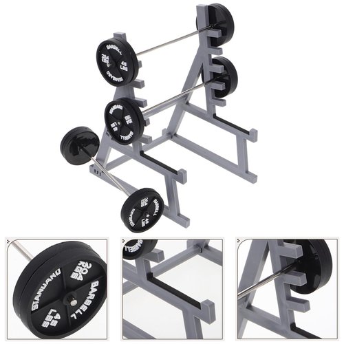 ibasenice Miniature Squat Rack Pen Holder with Barbell Pens - Funny Gym Desk Accessories for Men & Women, Dollhouse Fitness Furniture Decor, Mini Weight Lifting Bookshelf Display Set, Black, 4 Pcs