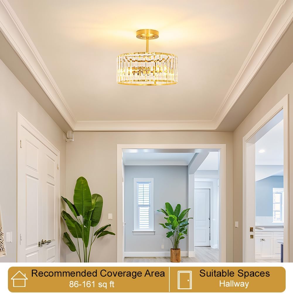 Modern Gold Crystal Ceiling Light Fixture - 11-Inch Semi Flush Mount Chandelier for Kitchen & Entryway
