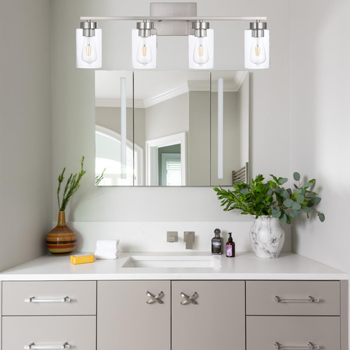 Modern 3-Light Bathroom Vanity Light in Brushed Gold with Clear Glass Shades