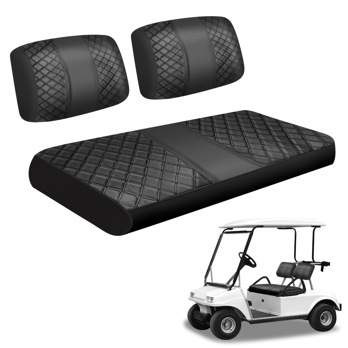ZWPARTS Staple On Golf Cart Front Seat Covers Black Diamonds PU Leather Seat Covers Replacement for Club Car DS 1982-2000