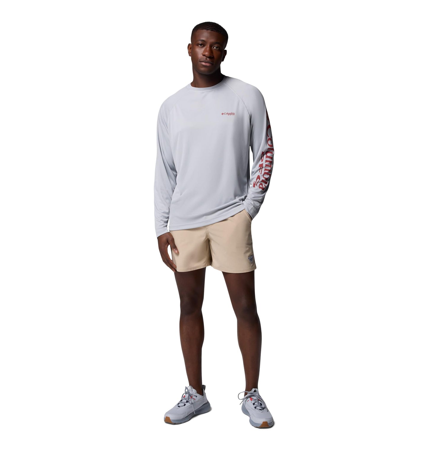 Columbia Men's PFG Terminal Tackle Long Sleeve Fishing Shirt, Cool Grey/Dusty Crimson Logo, Small