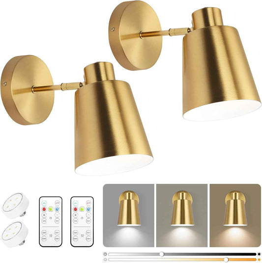 Battery Operated Wall Sconce Set of 2 - Modern Wireless Vintage Black & Gold Lamps with Remote Control for Living Room & Bathroom