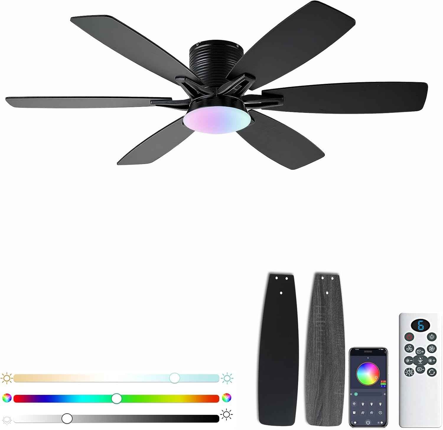 52-Inch Black Ceiling Fan with Lights & Remote Control - Modern Low Profile LED/RGB Dimmable Flush Mount for Bedroom