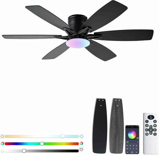 52-Inch Black Ceiling Fan with Lights & Remote Control - Modern Low Profile LED/RGB Dimmable Flush Mount for Bedroom