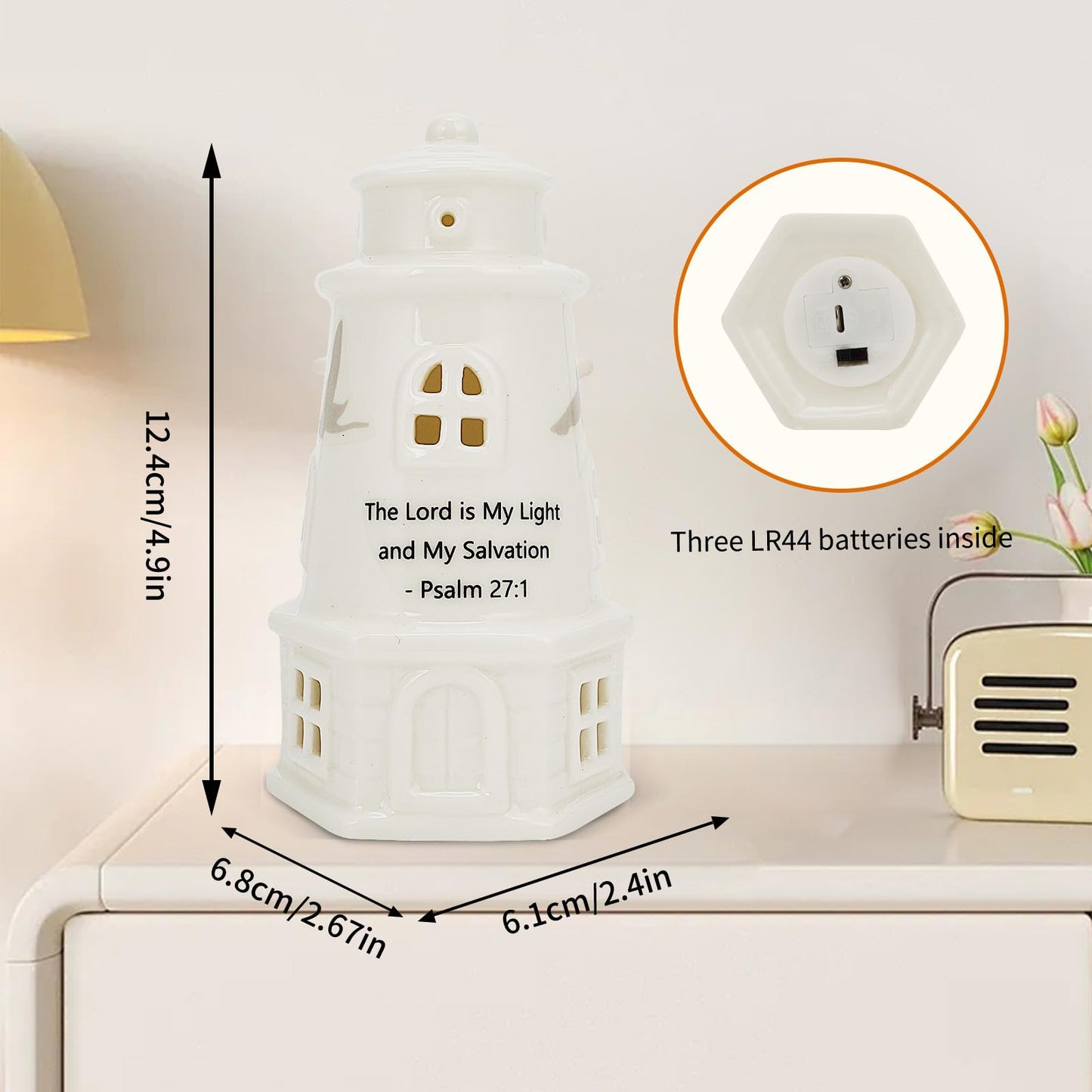 ROSYCOUD White Ceramic Lighthouse with Bible Verses - Psalm 27:1 Christian Light House Decor Statue Lamp, Faith Based Baptism Encouragement Spiritual Religious Gifts for Women