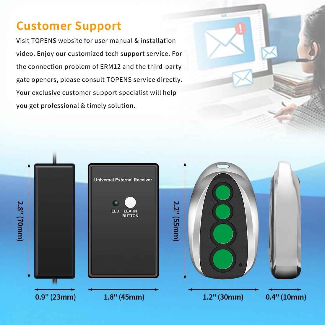 TOPENS ERM12 Universal Gate Opener Receiver & 2 Remotes - Automatic Swing & Slide Accessory