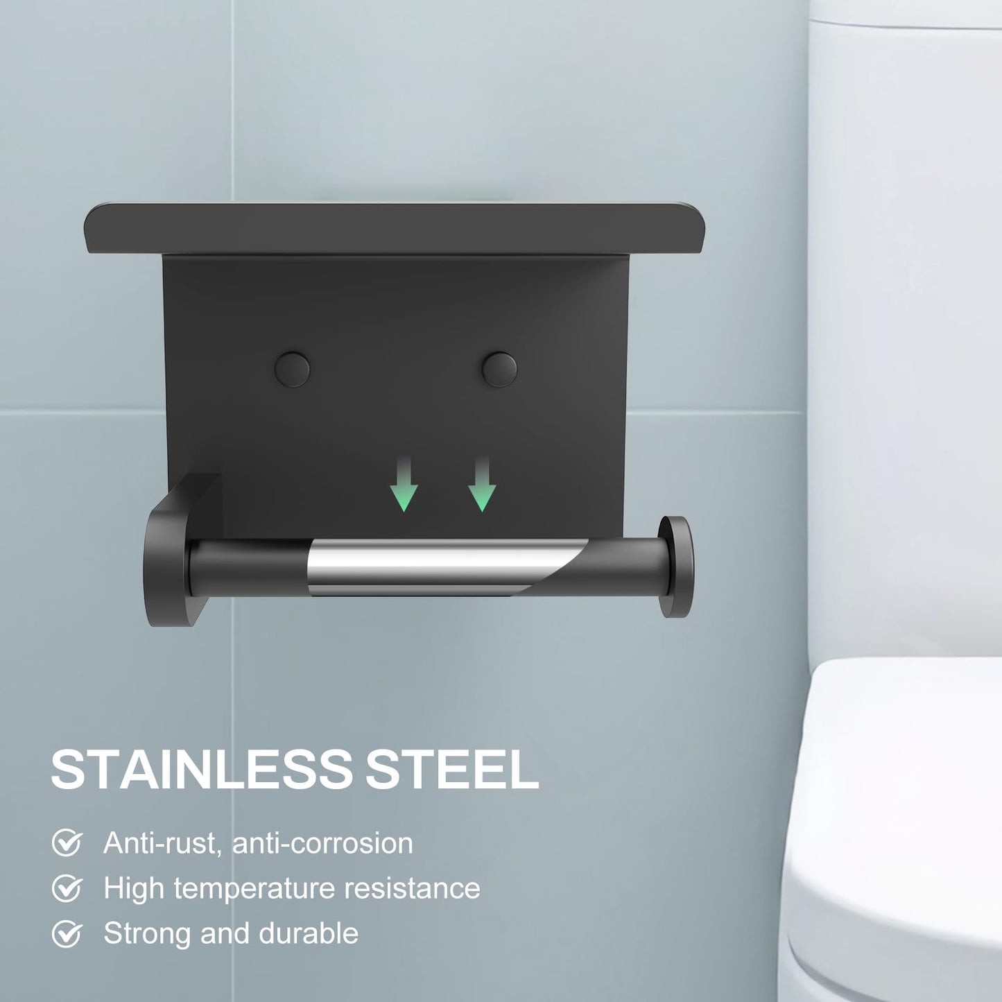 SetSail Toilet Paper Holder with Shelf Adhesive or Screw Bathroom Toilet Paper Roll Holders Wall Mount Matte Black Tissue Holder for Bathroom Hardware Accessories