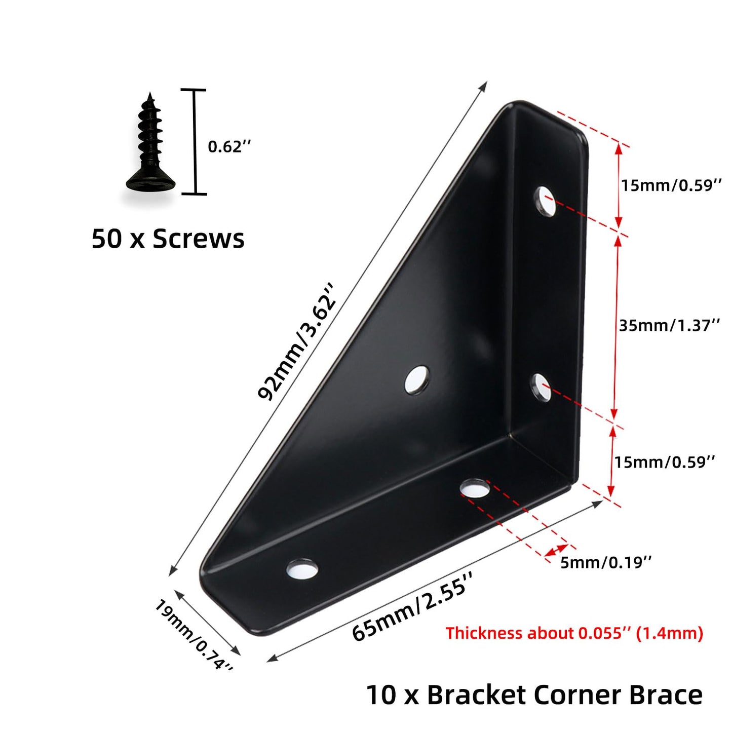 2.55'' Triangle Corner Braces Bracket (10 Pack) - Metal Angle Shelf Connector Brackets with Screws for Wood Shelves Furniture| Bookshelves/ Beds/ Tables/ Cabinets/ Desk (Black)