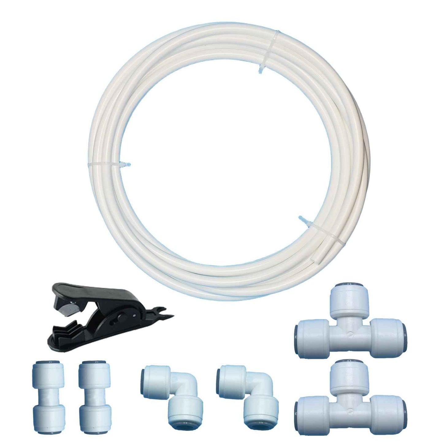 8-Piece 5/16 inch RO Water Line Kit with Tubing Cutter - 20ft 5/16" PE Tube + Push Connect Fittings (Straight/Elbow/Tee) for Refrigerator Ice Maker & Reverse Osmosis System Installation